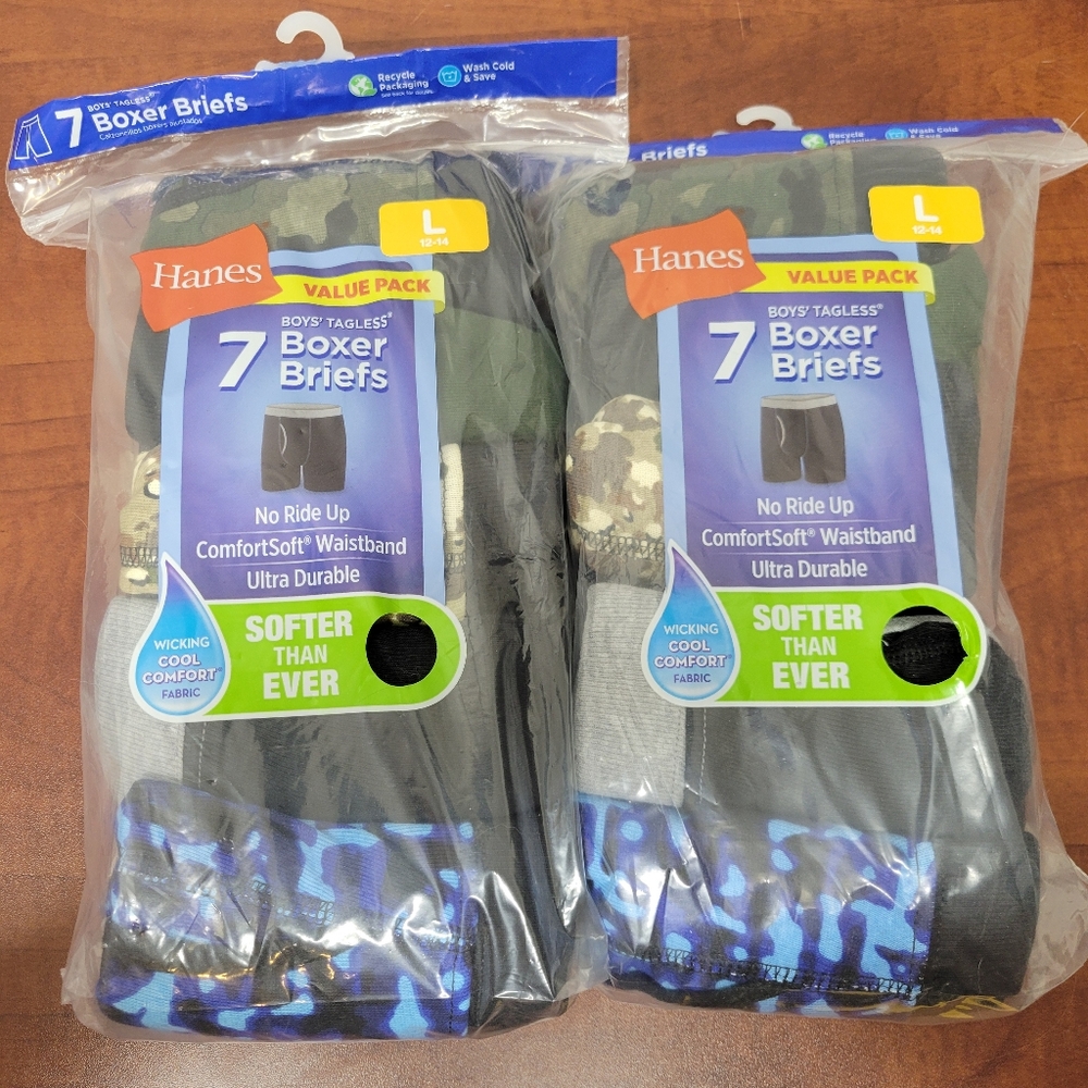 Hanes Boys Boxer Briefs Black and Blue Comfort Fit Large Nwt 2 Packs